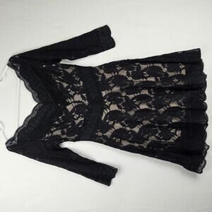 Free People Affair Black Lace Mini Dress V Neck 3/4 Sleeve Off-Shoulder Size Med